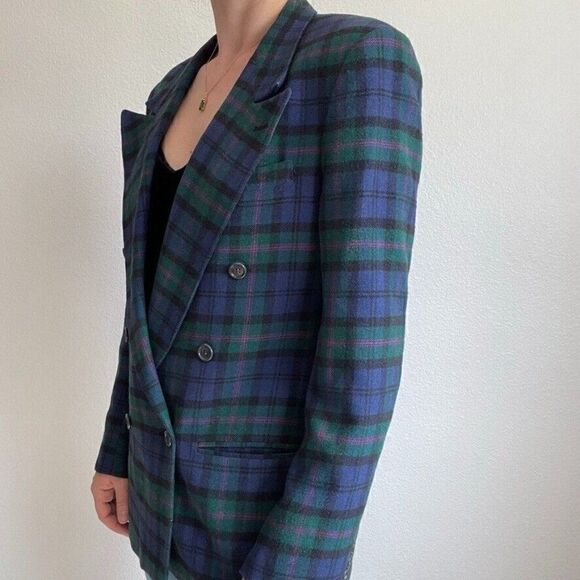 Vintage Womens 80s PBM Purple Green Camel Hair Double Breasted Blazer Plaid Sz M - Picture 8 of 12